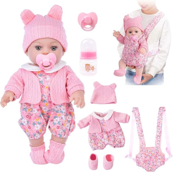 12" Baby Doll Set with Clothes and Baby Carrier for Dolls Reborn Baby Doll Accessories Include Feeding Bottles Nipple Toy Stuffs for